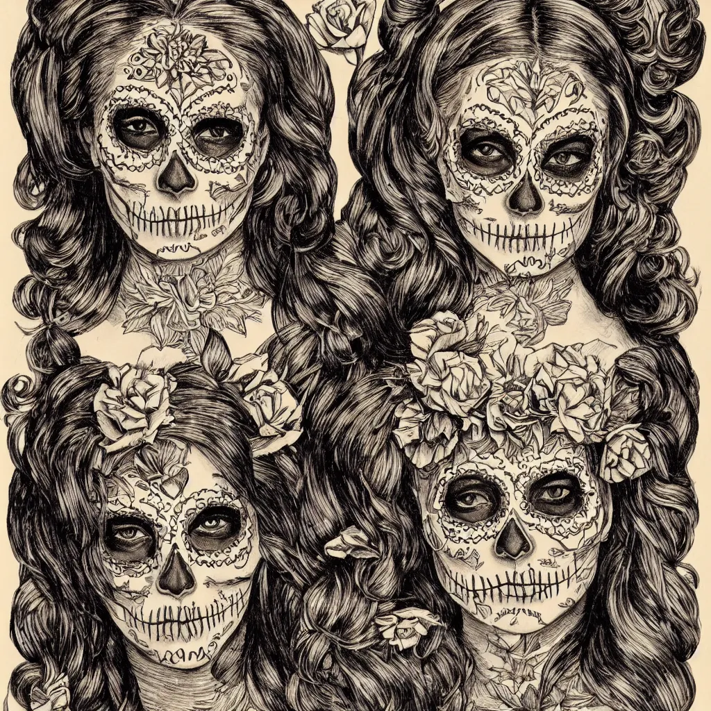 Image similar to Illustration of a sugar skull day of the dead girl, art by louis rhead