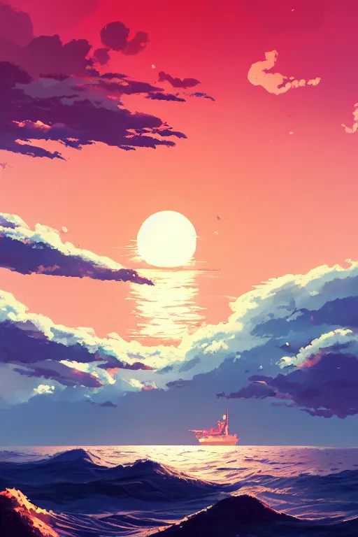 Prompt: a ship on the water among high rocks is heading towards the horizon beautiful clouds and the red sun in the background ule of thirds golden ratio, fake detail, trending pixiv fanbox, acrylic palette knife, style of makoto shinkai studio ghibli genshin impact james gilleard greg rutkowski chiho aoshima