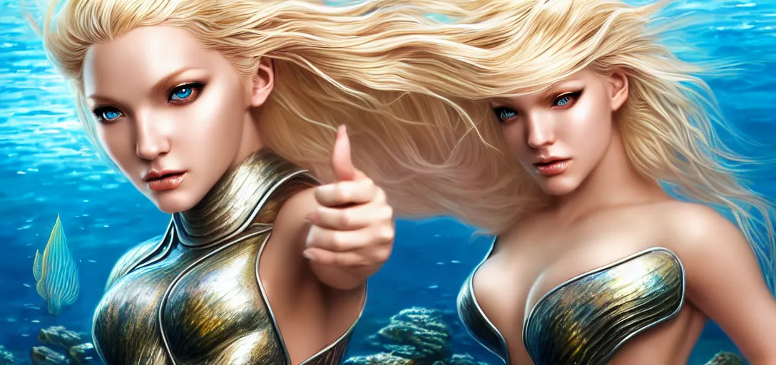 Image similar to photo of a gorgeous blonde female mermaid wearing metal armor in the style of stefan kostic, realistic, half body shot, sharp focus, 8 k high definition, insanely detailed, intricate, elegant, art by stanley lau and artgerm, extreme blur coral reef background