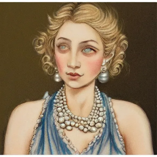 Image similar to ornate by cyril pontet flax. illustration. a beatiful portrait of a young woman, pictured from the shoulders up, wearing a pearl necklace & earrings. she has blonde hair that is styled in loose curls, & she is looking to the side with a soft expression.