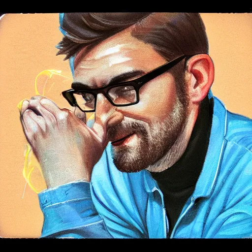 Prompt: Polaroid of an athletic european Man in his 30s, light brown hair and salt-and-pepper hair with a short beard, thick dark glasses, blue eyes, big nose, wearing a shirt and a jean and multicolor shoes, digital painting, 4k, anime , rays of light, particles light, artstation, kuvshinov ilya, landscape by Noah Bradley