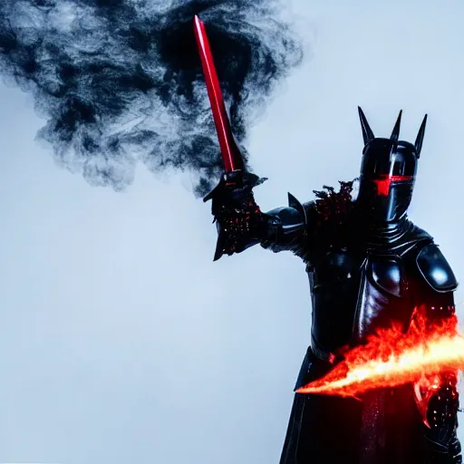 Image similar to a black knight in shining armor, a terrible mask on his face, eyes burning with red fire. a boy is standing next to him and he has a sword in his hands