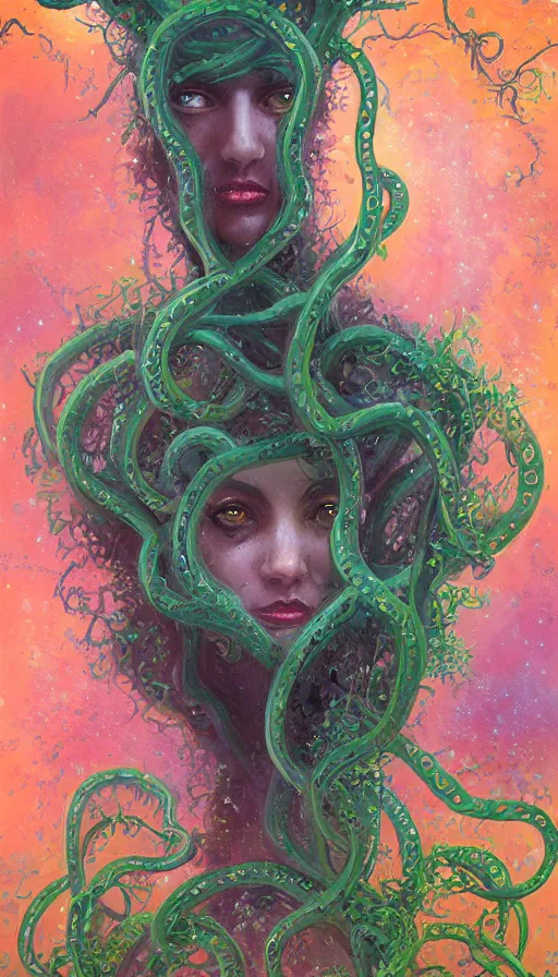 Prompt: very detailed portrait of a 2 0 years old girl surrounded by tentacles, the youg woman visage is blooming from fractal and vines, by paul lehr,