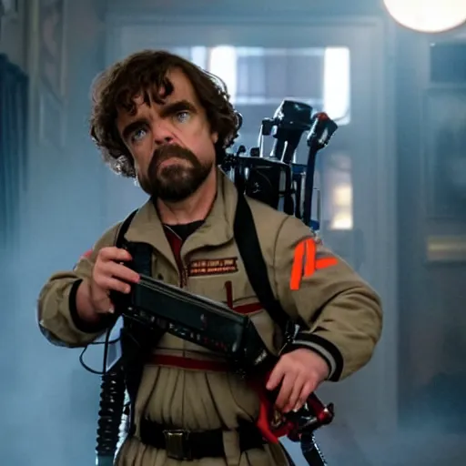 Image similar to stunning awe inspiring peter dinklage as a ghostbuster in the movie ghostbusters, movie still 8 k hdr atmospheric lighting