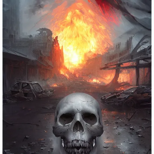 Image similar to a bloody knife halfway into a skull on its side, flames. Apocalyptic, ruins, gloomy, dark. By Makoto Shinkai, Stanley Artgerm Lau, WLOP, Rossdraws, James Jean, Andrei Riabovitchev, Marc Simonetti, krenz cushart, Sakimichan, trending on ArtStation, digital art.