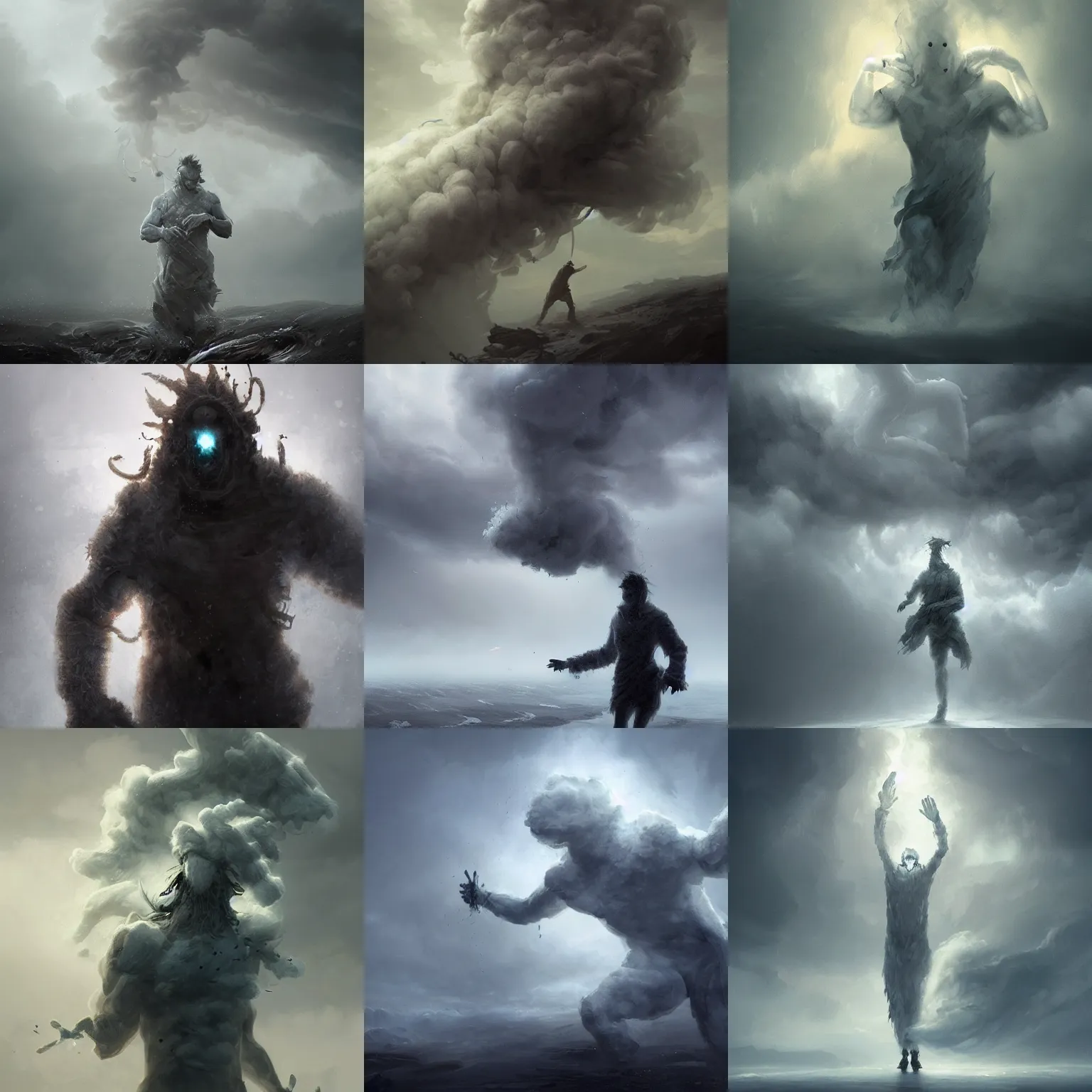 Prompt: wind elemental man made of clouds and smoke, arms raises. cold atmosphere, detailed, concept art, smooth, sharp focus, illustration, greg rutkowski