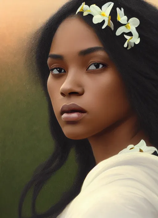 Image similar to oil painting close up portrait of a contemplative young black woman with long dark flowing hair in a black dress, surrounded by white lilies!! at sunset, hazy, digital art, chiaroscuro, artstation, cinematic, golden hour, digital art painting by greg rutkowski, william - adolphe bouguereau, hazy atmosphere, cinematic lighting