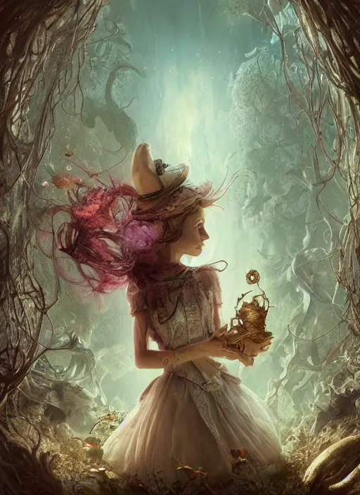 Image similar to Alice in Wonderland,highly detailed,cinematic,8k,by Stanley Artgermm,Tom Bagshaw,Greg Rutkowski,Carne Griffiths, Ayami Kojima, Beksinski, Giger,Anne Stokes, Benjamin Lacombe,trending on DeviantArt,hyper detailed,horror, full of colour