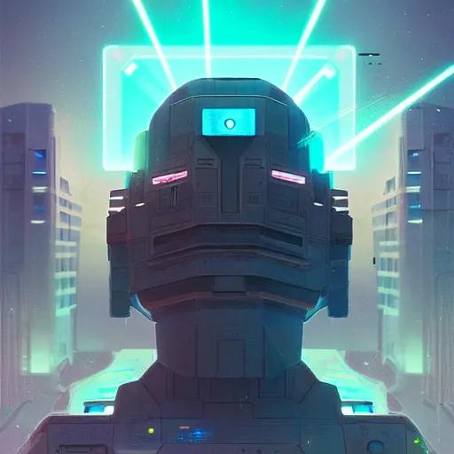Image similar to giant robot head shooting lasers from his eyes, destroyed city, futuristic, by beeple, digital art