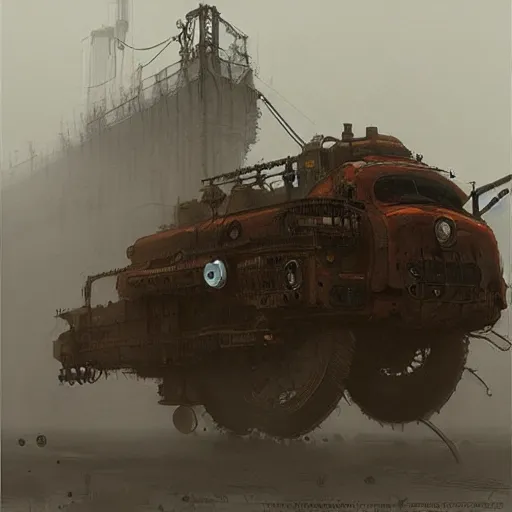 Image similar to gigantic steampunk machine, dense fog, trending on artstation, jakub rozalski