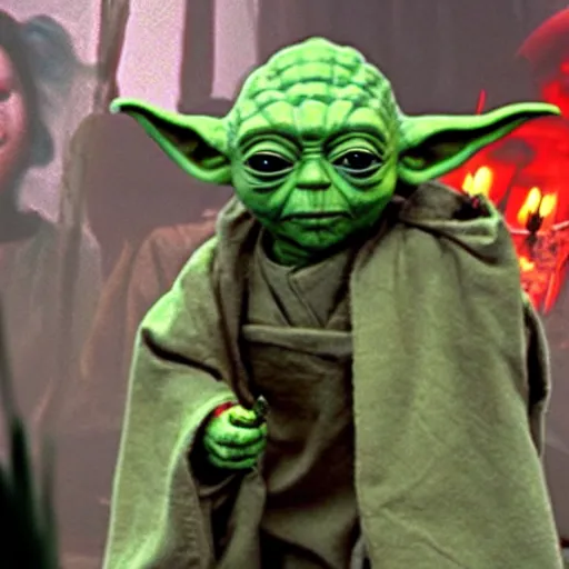 Image similar to Yoda surrounded by evil killer dolls 8k hdr movie still