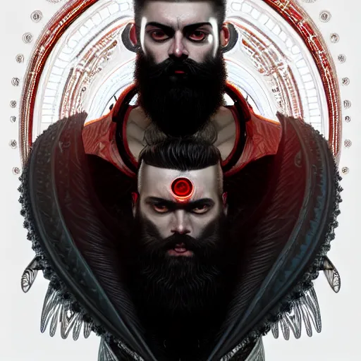 Image similar to bearded man with extremely large and intricate haircut with angry red eyes and slim features looking askance, eye cyberpunk bionics, retro futurist style, intricate, elegant gleaming intricate baroque jewelry, angelic halo, highly detailed, digital painting, artstation, concept art, smooth, sharp focus, illustration, art by wlop, mars ravelo and greg rutkowski,