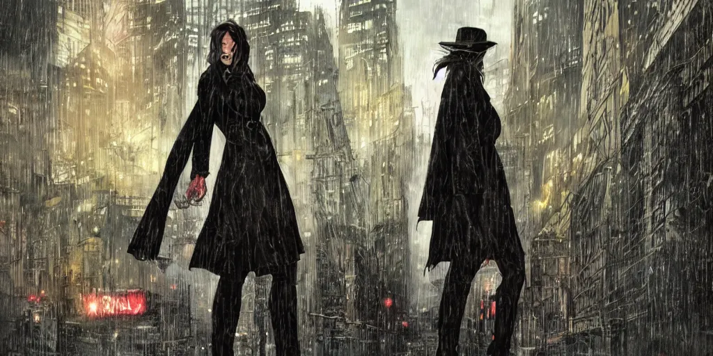 Prompt: young female detective long tailored overcoat, dress, combat boots, in a dark city in the rain, surreal, comic book, low angle, wide angle, concept art by enki bilal, sam kieth, shinji aramaki, greg rutkowksi, andrew ferez