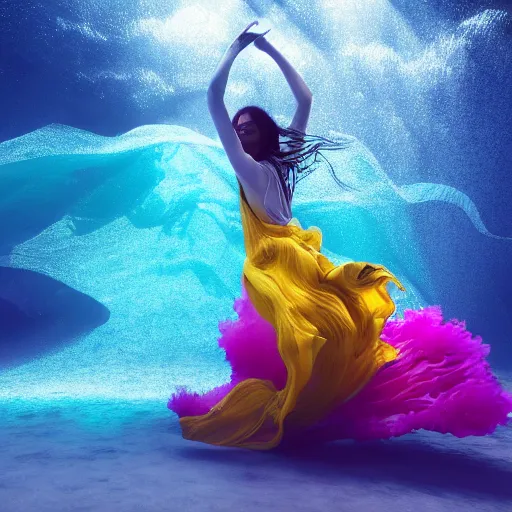 Image similar to woman dancing underwater wearing a flowing dress made of blue, magenta, and yellow seaweed, delicate coral sea bottom, swirling silver fish, swirling smoke shapes, octane render, caustics lighting from above, cinematic, hyperdetailed