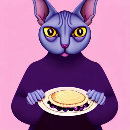 Image similar to an anthropomorphic sphynx cat fursona with big eyes eating a slice of blueberry pie, furry art, cute, oil on canvas, soft lighting