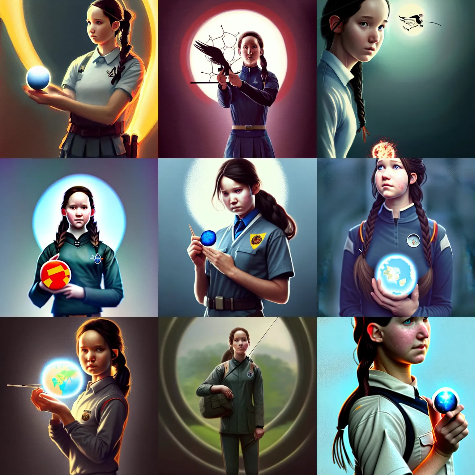 Prompt: a laboratory, ( ( ( ( ( katniss everdeen ) ) ) ) ) as a student, wearing a school uniform, is holding a tiny planet earth, digital art, greg rutkowski, artstation, but as photography