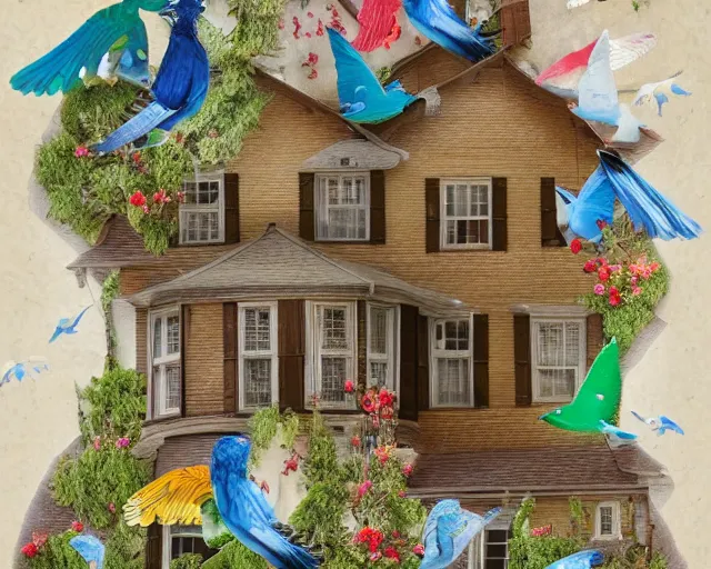 Prompt: detailed house, seen from the distance. maximalist paper birds flying. with unexpected fabric elements. 8 x 1 6 k hd mixed media 3 d collage in the style of a childrenbook illustration in soft natural tones. matte background no frame hd