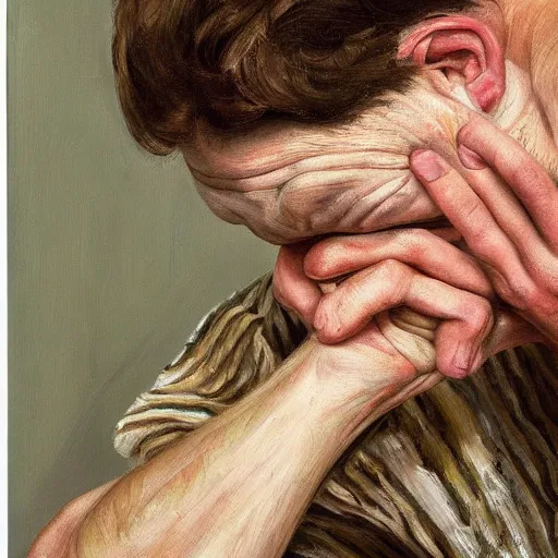 Image similar to high quality high detail painting by lucian freud, hd, portrait of a stressed boy, worried, sad, photorealistic lighting