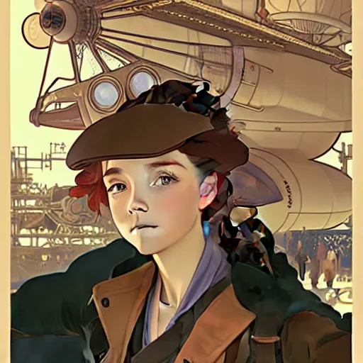 Image similar to Portrait of mckenna grace as an airship mechanic at her crammed workbench, steampunk, defined facial features, highly detailed, busy, artstation, official artbook, official Kyoto Animation and Studio Ghibli anime screenshot, by Ilya Kuvshinov and Alphonse Mucha