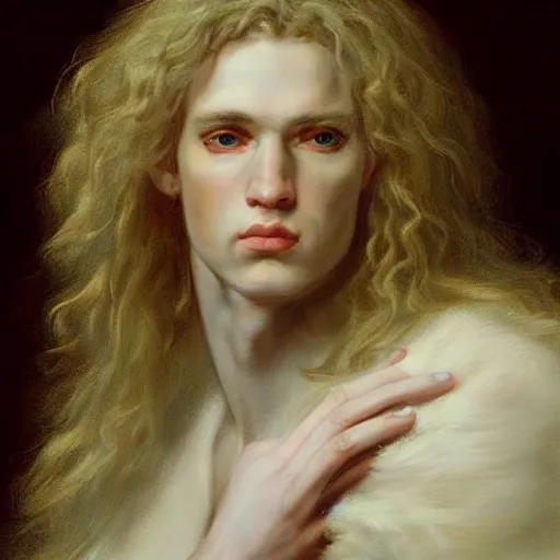 Prompt: a striking hyper real painting of Lucius the pretty pale androgynous albino prince, long fluffy curly light blond hair by Jan Matejko