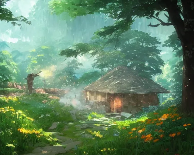 Image similar to old hut in the woods with a flower garden near a waterfall, gapmoe kuudere moody lighting stunning bokeh highlights sharp contrast | trending pixiv fanbox | by greg rutkowski makoto shinkai takashi takeuchi studio ghibli