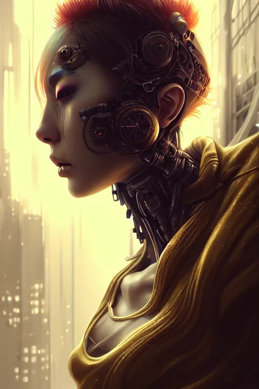 Image similar to soft lustrous asian biotech raver gutter punk gothic cyborg, golden ratio, details, scifi, fantasy, cyberpunk, intricate, decadent, highly detailed, digital painting, octane render, artstation, concept art, smooth, sharp focus, illustration, art by artgerm, loish, wlop