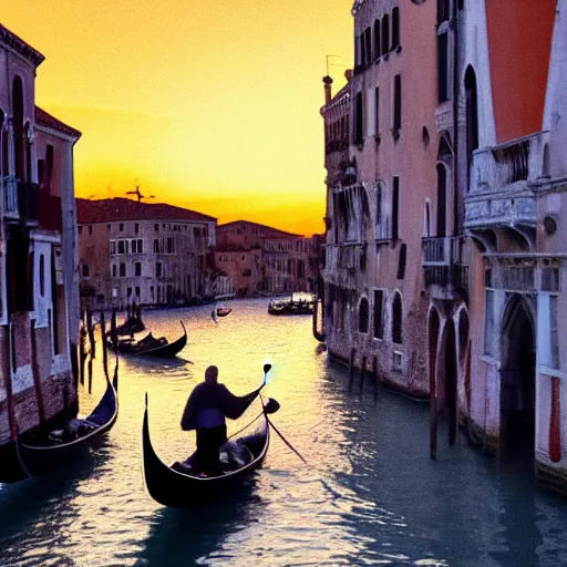 Image similar to A beautiful backlight sunset scene of historic Venice with gondola and reflective water in the style of Johannes Vermeer