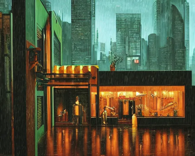 Prompt: exterior of the only cyberpunk open restaurant in a night rainy melancholy cyberpunk city by de chirico