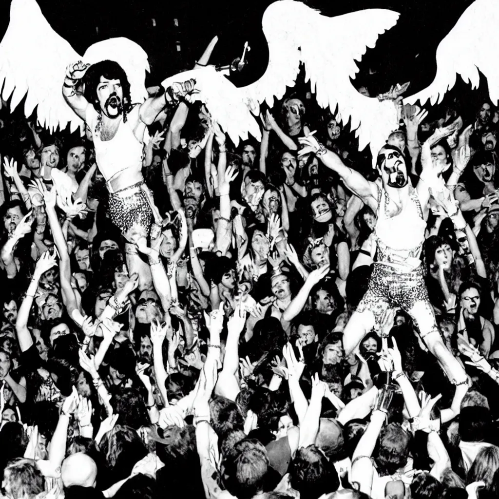 Prompt: freddie mercury singing at a death metal punk concert. mosh pit, elaborate clothing, violent rock concert yellow and white clothing, huge angel wings - s 1 5 0