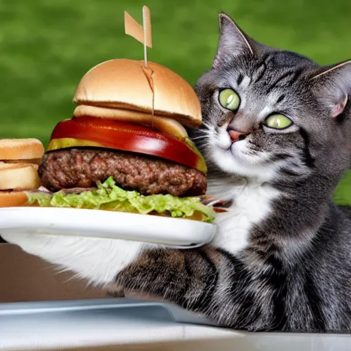 Prompt: cat eating a hamburger