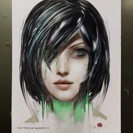 Image similar to portrait of female android by Tetsuya Nomura and Sandra Chevrier