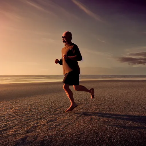 Image similar to Walter White running on the beach, artistic, 8k, cinematic, accurate, symetric, face, dramatic lighting, pastel colours