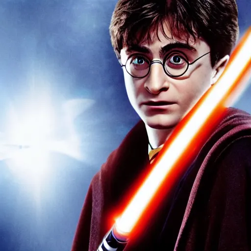 Prompt: Harry Potter using a light saber