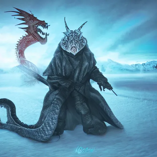 Image similar to mysterious figure with ski goggles riding a dragon made of ice, digital art, 4 k ultra hd, hyper realistic