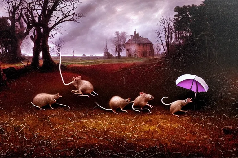 Image similar to a family of rats scurrying across a drenched field in a torrential rainstorm, in the style of jacek yerks, intricate and epic composition, red by caravaggio, insanely quality, highly detailed, masterpiece, purple light, artstation, 4 k