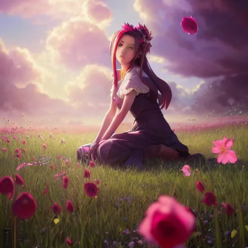 Prompt: aerith from final fantasy 7 by tom bagshaw, sitting in a flower field by ilya kuvshinov, rtx reflections, maya, extreme high intricate hyperrealistic details by wlop, digital anime art by ross tran, medium shot, composition by sana takeda, dramatic lighting by greg rutkowski