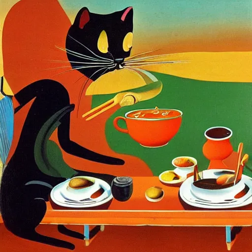 Image similar to anthropomorphic cat chef cooking a delicious colorful soup, by Salvador Dali