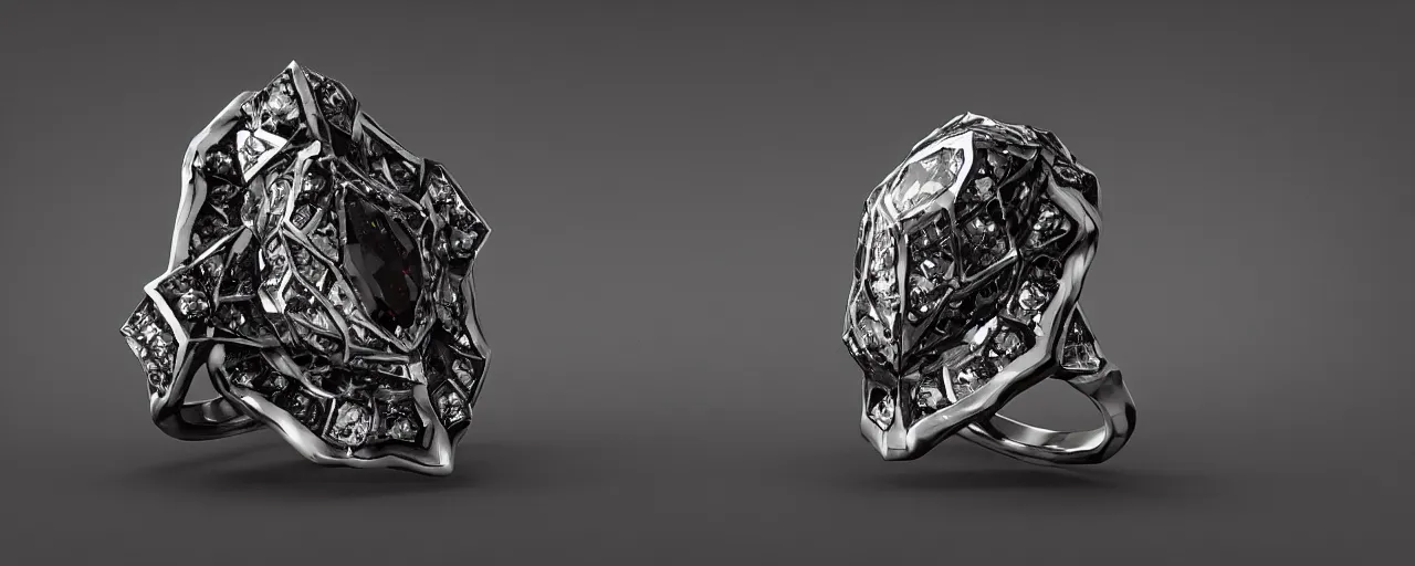 Prompt: black magic crystal ring, fire, flame, crystal, engravings, diamonds, product design, art by gerald brom, greg rutkowski and artgerm, photo realism, unreal engine, c 4 d