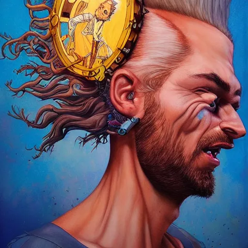 Image similar to dream mohawk projector portrait by gaston bussierre and charles vess and james jean and erik jones and rhads, inspired by rick and morty, epic, funny, huge scale, beautiful fine face features, intricate high details, sharp, ultradetailed