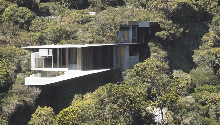 Image similar to modern house perched on a cliff overlooking a magnificient bay, drawing architecture, pritzker architecture prize, greig fraser