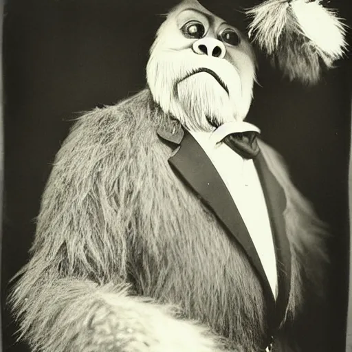 Image similar to a vintage wet plate portrait of a dignified bigfoot with a top hat and cane, extremely detailed, by george hurrell!!!!!!!!!!!!!!!!!!