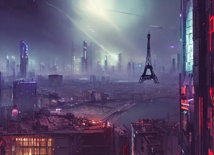 Image similar to cyberpunk scifi scene of paris at night, scifi drones in the sky, artstation, matt painting, very detailed, maximalism, ambient occlusion, volumetric light, atmospheric haze, unreal engine, hyper realism, realistic shading, cinematic composition, realistic render, octane render, detailed textures, photorealistic, wide shot