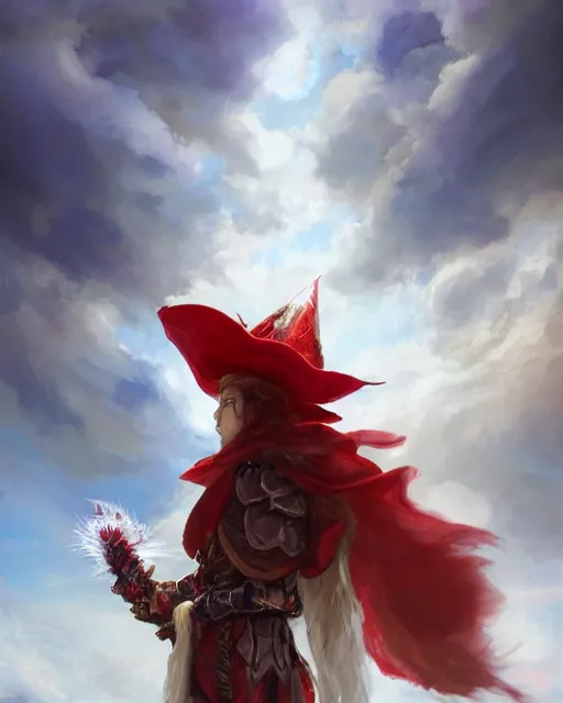 Prompt: A Full View of a Red Mage wearing magical shining armor and a feathered hat surrounded by an epic cloudscape. Magus. Red Wizard. Magimaster. Conquistador armor. Red and white stripes. Fantasy Illustration. masterpiece. 4k digital illustration. by Ruan Jia and Mandy Jurgens and Artgerm and greg rutkowski and Alexander Tsaruk and WLOP and Range Murata, award winning, Artstation, art nouveau aesthetic, Alphonse Mucha background, intricate details, realistic, panoramic view, Hyperdetailed, 8k resolution, intricate art nouveau
