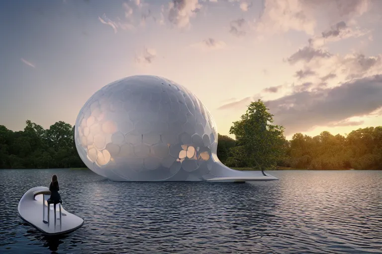 Prompt: a white soap bubble shaped building on the calm lake, human perspective, future, interior wood, marble, award winning, highly detailed 4 k art, dusk, unreal engine highly rendered, global illumination, radial light, internal environment by kazuyo sejima