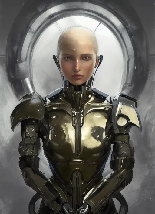 Image similar to a professional painting of a beautiful young female, clothed in robotic armor, olive skin, long dark hair, beautiful bone structure, symmetrical facial features, intricate, elegant, digital painting, concept art, smooth, sharp focus, illustration, from Metal Gear, by Ruan Jia and Mandy Jurgens and Artgerm and William-Adolphe Bouguerea