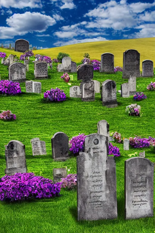 Prompt: realistic detailed photo of the windows xp bliss hills screensaver with a graveyard, with many gravestones made from stone, hyper detailed, sigma 5 0 mm