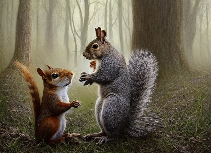 Image similar to photo, a squirrel fighting a rabbit, woodland location, stefan kostic and david cronenberg, realistic, sharp focus, 8 k high definition, intricate, chiaroscuro, elegant, perfect faces, symmetrical face, extremely detailed, hypnotic eyes, realistic, fantasy art, masterpiece zdzislaw beksinski, national geographic, artgerm