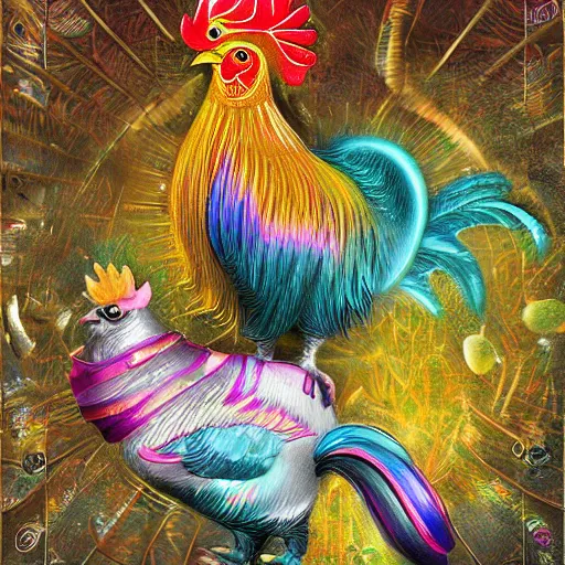 Image similar to a painted Easter egg imagining becoming a chicken imagined by a iridescent rooster imagined by a cat laying half asleep on the windowsill as a mentally ill geek girl reads the cat's thoughts of the iridescent rooster imagining a beautiful painted Easter egg imagining turning into a chicken. 16K. epically surreally epic image. 20 GPU hours spent rendering amazing detail. vivid clarity. ultra shadowing. graphic novel page.