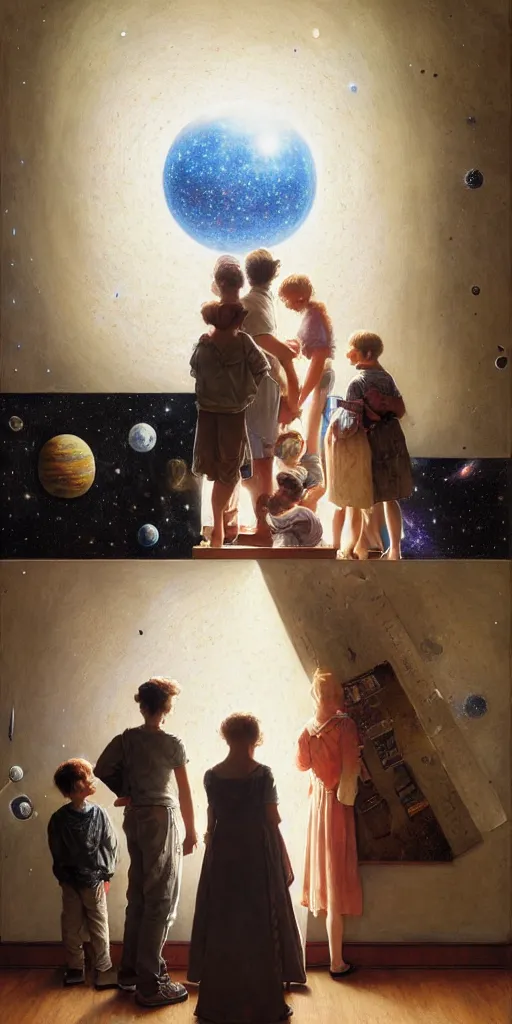 Prompt: a mother a father and 8 children looking at the wall of their bedroom and seeing the universe full of galaxies and planets, imagination, part by norman rockwell, part by greg rutkowski, part by mattias adolfsson, high angle, ( ( ( ( volumetric lighting ) ) ) ), oil on canvas