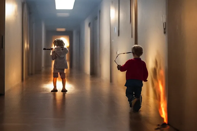 Image similar to a picture of a small child carefully holds torch through hallway filled with nightmarish monsters